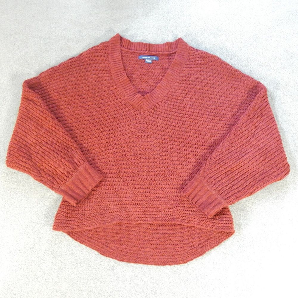American Eagle Women Sweater XS Maroon VNeck Dolman Sleeve Crop Top Relaxed Boxy